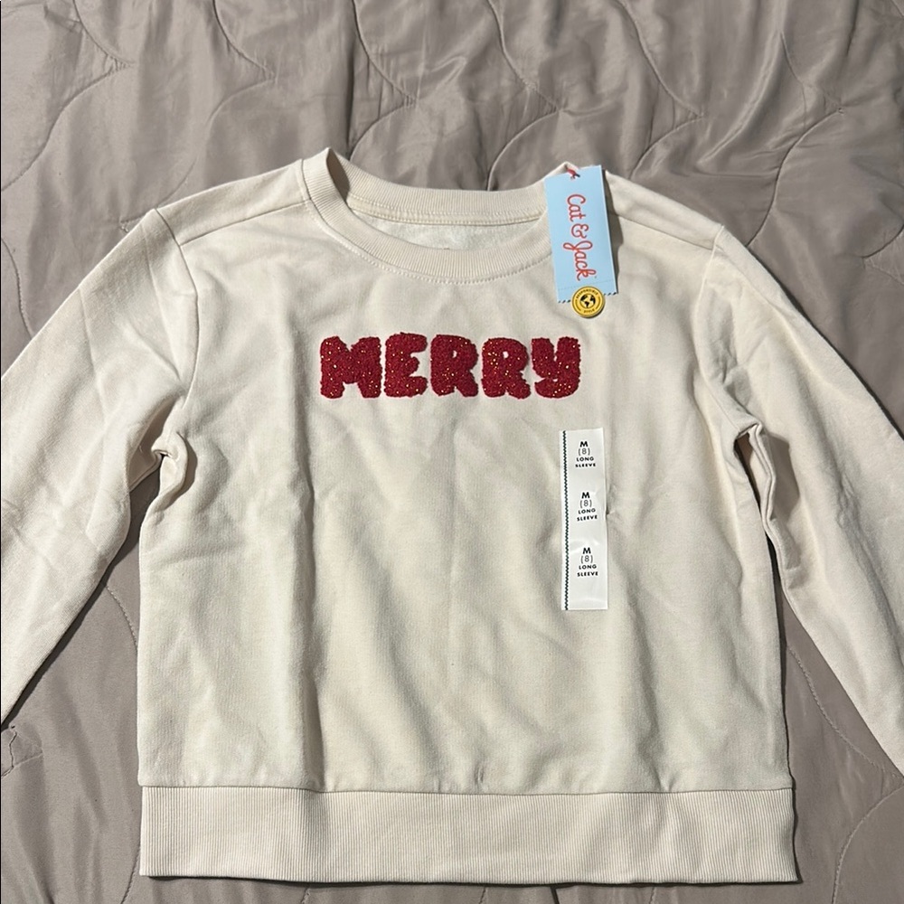 Festive Cream Sweatshirt with Red 'Merry' Text